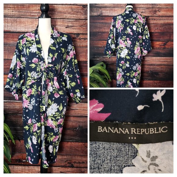 Banana Republic Kimono Robe One Size Tie Front Pockets Navy Floral Cotton Rayon - Picture 1 of 9